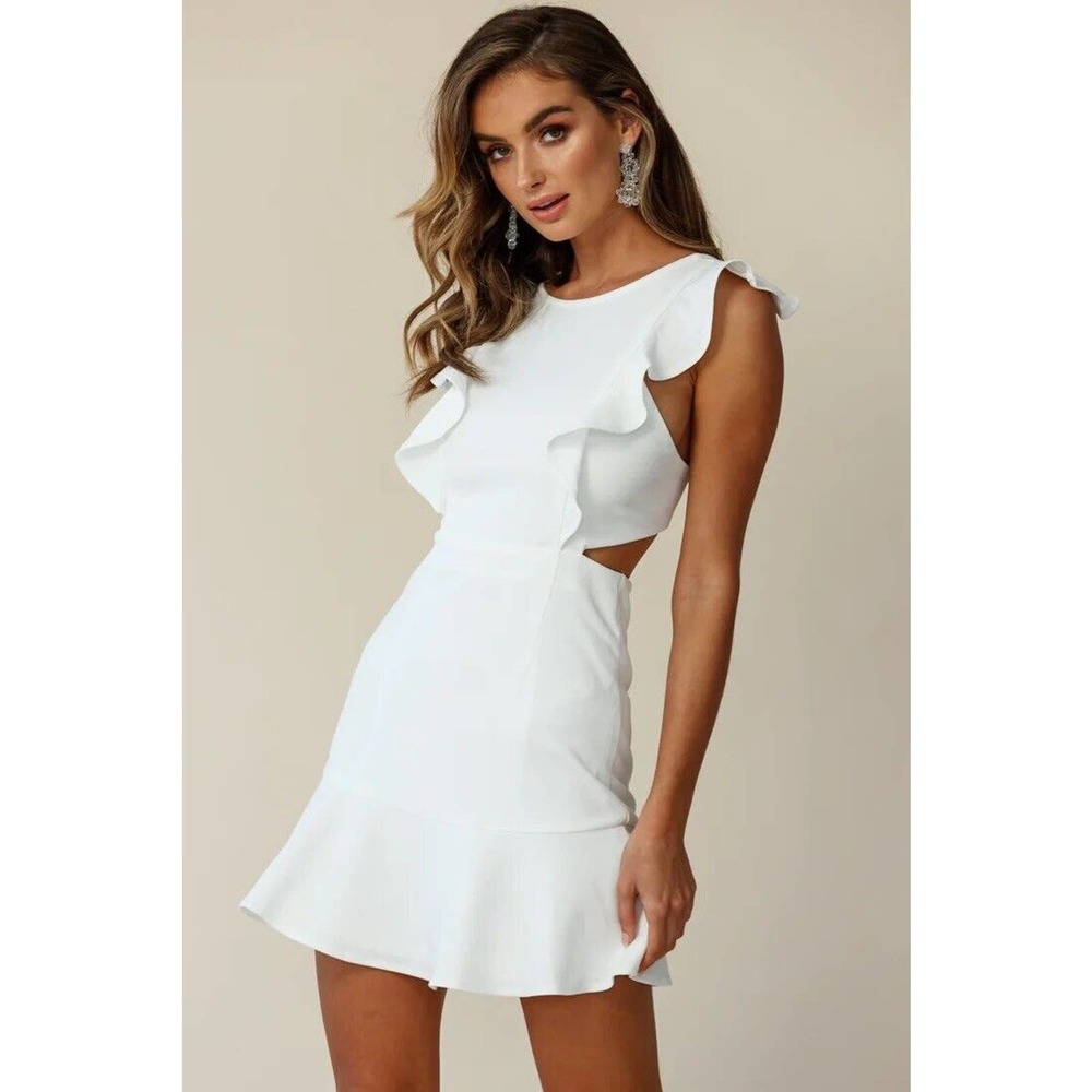 Selfie Leslie Jackie Wide Ruffle Hem Pinafore Dress White AU 8 US Small S NWT